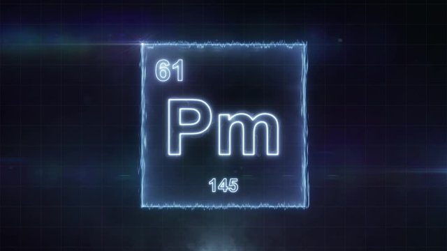 Promethium - periodic table element symbol hologram glowing on dark background in 4K