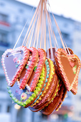 Heart shape Gingerbread cookies on Christmas market in Germany