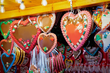 Heart shape Gingerbread cookies on Christmas market of Germany