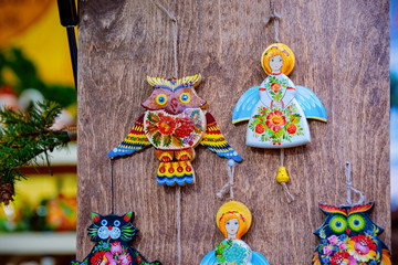Wooden Christmas tree decorations in Christmas market in Germany