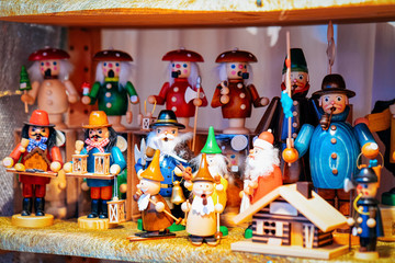Wooden Christmas tree toys in Christmas market in Germany