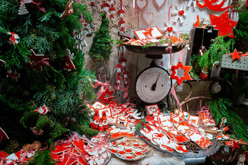 Ceramic Christmas tree decorations of Christmas market in Germany