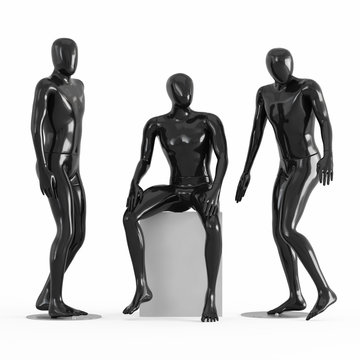 Three black mannequins two stand, one sits. Black and white plastic 3D