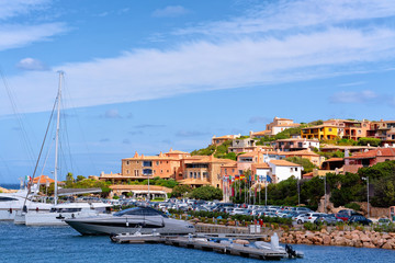 Fototapeta na wymiar Marina with luxury yachts near Mediterranean Sea in Porto Cervo