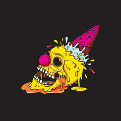 Clown yellow skull ice cream fell on the ground, waffle cone sticking up and splashes fly away, the ice cream melts and flows. Creepy cartoon illustration for prints, t-shirts, Halloween or tattoo.