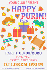 Happy purim banner. Colorful vector illustration. Festival concept design. Purim on colorful background. Party event decoration. Greeting card, poster, banner, element. Party invitation.