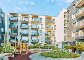 Modern residential buildings with flowerpot