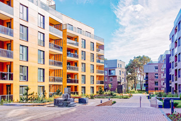 Benches at european complex of apartment residential buildings