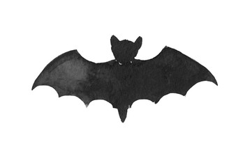 A silhouette of bat, watercolor ink black and white halloween decoration element on white background isolated