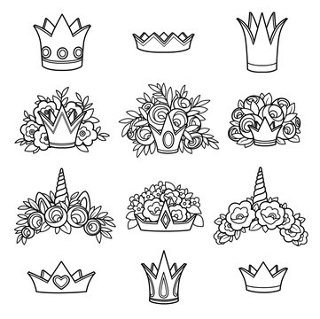 Tiaras various shapes with flowers outlined picture for coloring book on white background