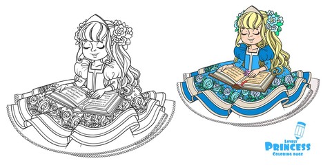 Beautiful princess in blue dress sitting and reading a book color and outlined picture for coloring book on white background