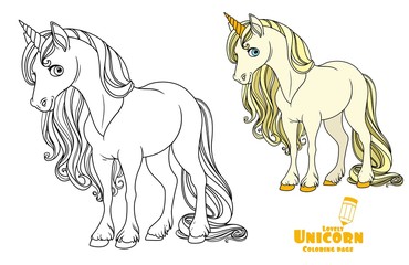 Fairytale unicorn color and outlined picture for coloring book on white background
