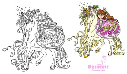 Beautiful princess rides on the back of a unicorn in a wreath of roses color and outlined picture for coloring book on white background © Azuzl