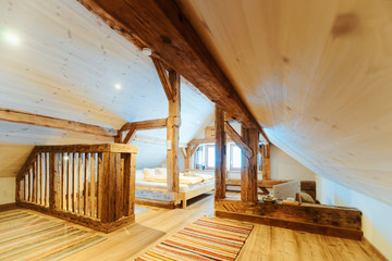 Interior of bedroom Modern design of bed in loft