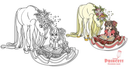 Beautiful princess sitting and reading a book to a magical unicorn color and outlined picture for coloring book on white background © Azuzl