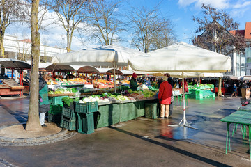 Central street market selling fresh fruit and vegetables in Ljubljana