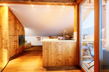 Modern design of Home wooden Kitchen Interior and sink fridge
