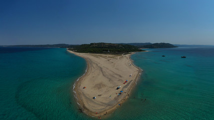 Aerial drone photo of iconic exotic sandy peninsula and sandy beach of Possidi with turquoise clear sea, Kassandra, Halkidiki, North Greece