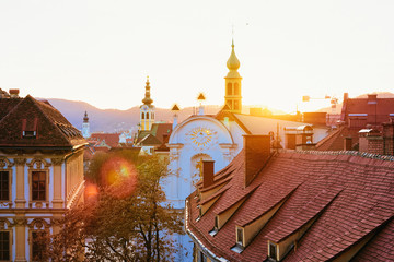 Sunset and Panoramic view and cityscape at Old city in Graz