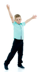 The little boy is emotionally waving his arms.