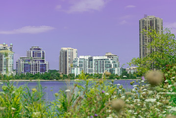 Landmark view at modern buildings near the Humber Bay Park in Etobicoke, Ontario, Canada