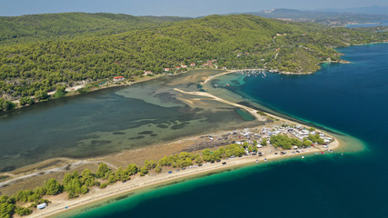 Fototapeta na wymiar Aerial drone view of iconic Livari beach in natural exotic bay of Vourvourou, Sithonia peninsula, Halkidiki, Greece