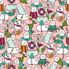 Fototapeta na wymiar Kawaii pirate cats, super cute, happy, crowded, colorful seamless pattern in pink. Talk like a pirate day and halloween design for backgrounds, textile, wrapping paper and wallpaper