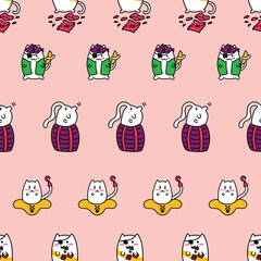 Kawaii pirate cats, super cute, happy cartoon characters, colorful seamless pattern in pink. Talk like a pirate day and halloween design for backgrounds, textile, wrapping paper and wallpaper