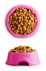 Dry cat food in pink bowl