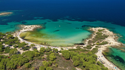 Aerial drone photo of tropical Caribbean bay with white sand beach and beautiful turquoise and sapphire clear sea