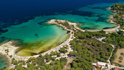 Fototapeta na wymiar Aerial drone photo of iconic turquoise paradise sandy twin beaches of Karidi in Sithonia Peninsula, Vourvourou bay, Halkidiki, North Greece