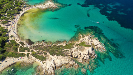 Naklejka na ściany i meble Aerial drone photo of iconic turquoise paradise sandy twin beaches of Karidi in Sithonia Peninsula, Vourvourou bay, Halkidiki, North Greece