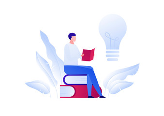 Vector modern flat education illustration. Male sitting reading a book with bulb idea symbol isolated on white background. Design for posters, flyers, cards, web banners