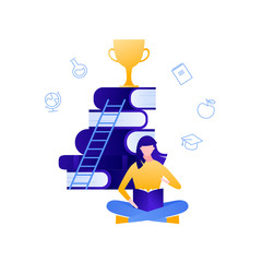 Vector modern flat education illustration. Woman person sitting and reading a book with cup and stairway elements. Concept of selfeducation, improvement. Design for posters, flyers, cards, banners