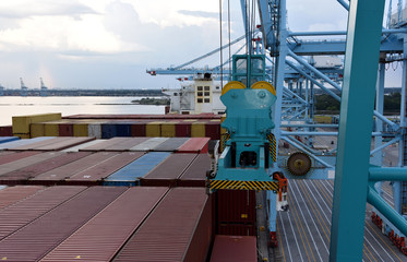 Naklejka premium Gantry cranes in the sea port during cargo operations, Norfolk - Virginia. 