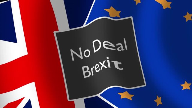 Union Jack Flag with the word &ldquo;No-deal Brexit&rdquo;, Brexit crisis concept, seamless loop animation. 4k