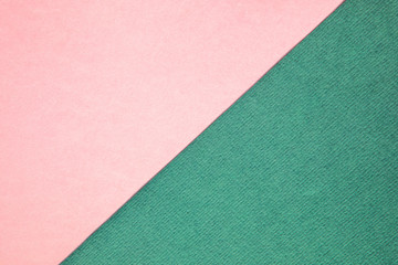 Textured and plain paper sheets divided diagonaliy creating line partition. Trendy soft pink and green abstract duo tone background design. Place for text. Top view.