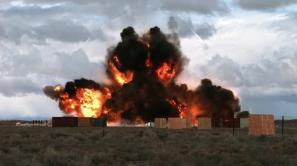 Slow motion footage of a large controlled explosion at the US Dugway Proving Ground, Utah, 2019