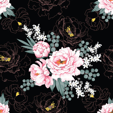 Seamless pattern beautiful pink Paeonia vintage flowers on isolated black background.Vector illustration hand drawing watercolor style.