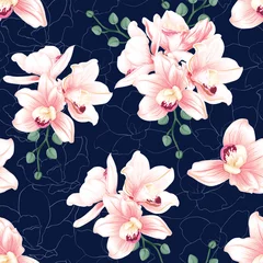 Papier Peint photo Orchidee Fleurs d& 39 orchidées roses botaniques transparentes sur fond bleu foncé abstrait. Style aquarelle de dessin d& 39 illustration vectorielle. Pour la conception de papier peint utilisé, le tissu textile ou le papier d& 39 emballage.