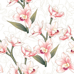 Seamless pattern botanical pink Orchid flowers on abstract white backgground.Vector illustration drawing watercolor style.For used wallpaper design,textile fabric or wrapping paper.
