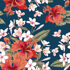 Seamless floral pattern red Hibiscus,pink pastel Frangipani flowers on isolated dark blue background.Vector illustration watercolor hand drawning.