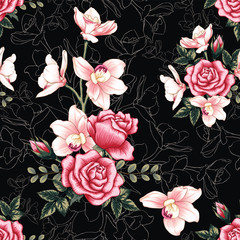 Naadloze patroon botanische roze orchidee en roze bloemen op abstracte zwarte achtergrond. Vectorillustratie aquarel stijl tekenen. Voor gebruikt behang ontwerp, textiel of inpakpapier.