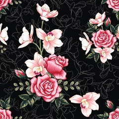 Tapeten Orchidee Botanische rosa Orchidee des nahtlosen Musters und Rosenblumen auf abstraktem schwarzem Hintergrund. Vektorillustration, die Aquarellart zeichnet. Für benutztes Tapetendesign, Gewebe oder Packpapier.