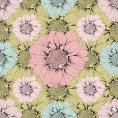 Seamless pattern vintage Zinnia flowers pastel color abstract background.Vector illustration line art.