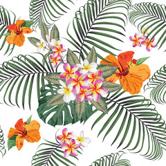 Seamless pattern tropical summer with pink pastel Frangipani,red Hibiscus flowers and monstera leaves abstract background.Watercolor Drawing Vector illustration.