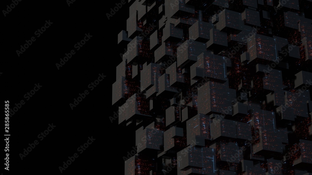 Poster 3d rendering of abstract array of dark cubic cubes, glossy glass surface with glow data dots. concep