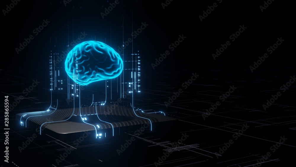 Poster 3d rendering of artificial intelligence hardware concept. glowing blue brain circuit on microchip on