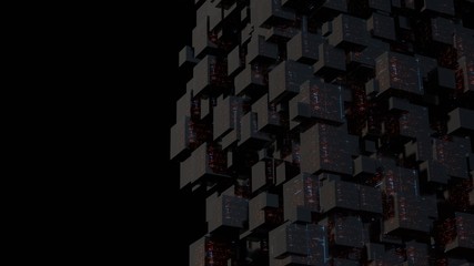 3D Rendering of abstract array of dark cubic cubes, glossy glass surface with glow data dots. Concept of block chain interaction, Network activity, machine learning, big data, technology background.