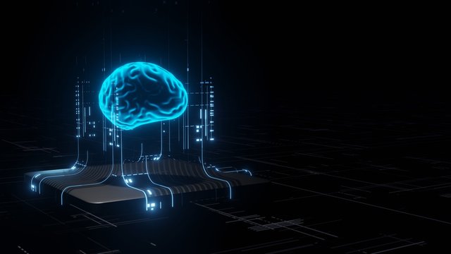 3D Rendering of Artificial Intelligence hardware concept. Glowing blue brain circuit on microchip on computer motherboard. For big data processing, ai trading, machine learning, technology background